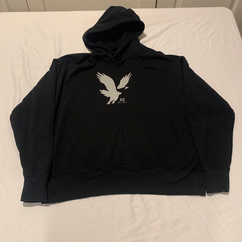 American Eagle Outfitters Mens Black Eagle Graphic Pullover Hoodie Large AE 1977
